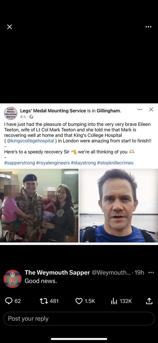 BREAKING NEWS; Folks I saw this👇post about Lt Colonel Mark Teeton who was stabbed multiple times outside his Chatham barracks recently; Its good to see that he is now recovering at home with his family; I’m sure that you will agree under given circumstances that’s good News👇👍