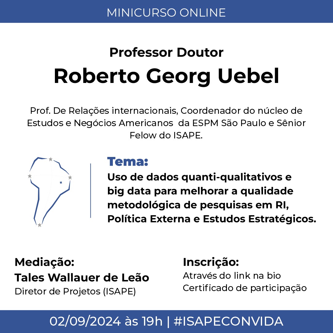O ISAPE tem o prazer de convidar para o minicurso "Enriquecendo sua pesquisa em Relações Internacionais com dados quanti-qualitativos". O evento contará com a presença do Prof. Dr. <a href="/RobertoUebel/">Roberto R G Uebel</a> (ESPM-SP/ISAPE).
✍️Link para inscrição: forms.gle/u8Hp4WQGuadAc6…