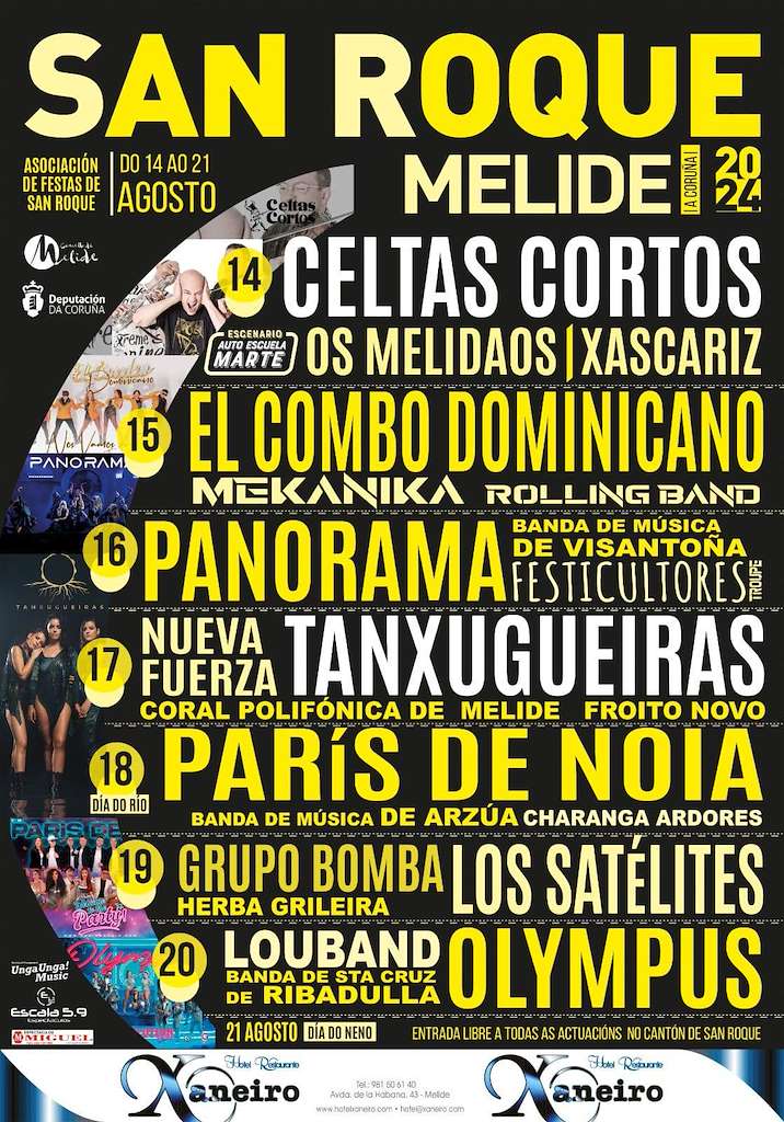 FESTAS DO SAN ROQUE 2024
Segundo día das 🎉🎉Festas do Roque 2024 🎉🎉
Hoxe poderemos bailar e gozar cos ritmos de:
🕦22:30h Mekanika Rolling Band
🕜00:30h Orquesta El Combo Dominicano
📍Cantón de San Roque
Agardámoste!
#melide #sanroquemelide2024