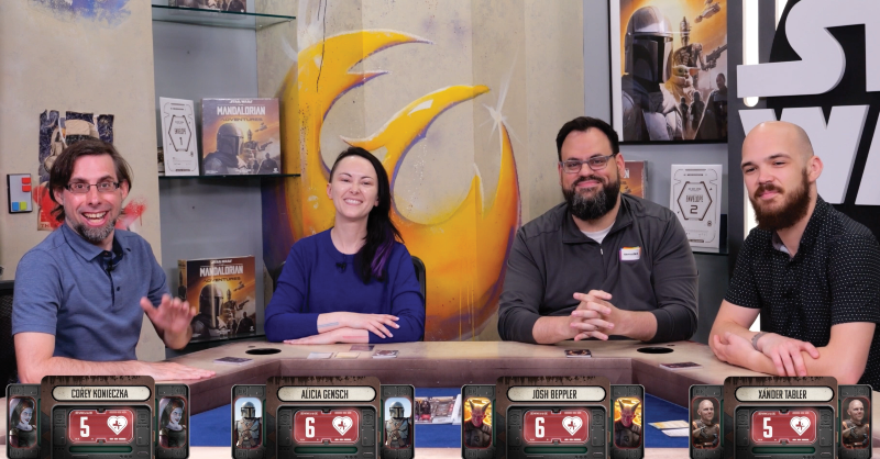 UnexpectGames's tweet photo. Corey and Josh are joined by Alicia and Xander from @FFGames for a Hidden Motives playthrough of THE MANDALORIAN™: Adventures!