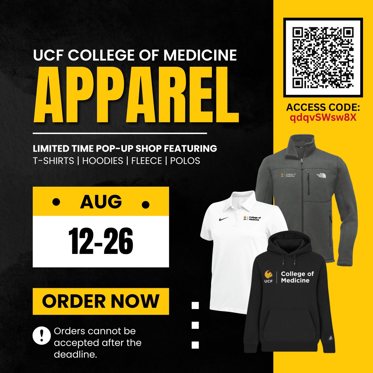 Did you hear about the pop-up shop with UCF College of Medicine apparel available for purchase?  For a LIMITED TIME ONLY, merchandise is available at bsnteamsports.com with access code: qdqvSWsw8X