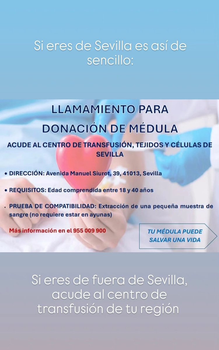 Alba Navas Diaz (@albanavasdiaz) on Twitter photo Hace un mes perdimos a mi padre por el cáncer. Ahora mi hermano Ismael con leucemia necesita un donante de médula y necesitamos vuestra ayuda ❤️🩹 En la segunda imagen viene todo explicado
Se agradece difusión <a href="/rancio/">Rancio</a> <a href="/malacarasev/">MALACARA</a> <a href="/TinteroVB/">ᴛɪɴᴛᴇʀᴏ ᴠᴇʀᴅɪʙʟᴀɴᴄᴏ</a> <a href="/CapitanAdobo/">CAPITÁN ADOBO</a> <a href="/ErPali_/">Er Pali</a> <a href="/GuardianesSFC/">LA PALANGANA MECÁNICA</a> Hace un mes perdimos a mi padre por el cáncer. Ahora mi hermano Ismael con leucemia necesita un donante de médula y necesitamos vuestra ayuda ❤️🩹 En la segunda imagen viene todo explicado
Se agradece difusión <a href="/rancio/">Rancio</a> <a href="/malacarasev/">MALACARA</a> <a href="/TinteroVB/">ᴛɪɴᴛᴇʀᴏ ᴠᴇʀᴅɪʙʟᴀɴᴄᴏ</a> <a href="/CapitanAdobo/">CAPITÁN ADOBO</a> <a href="/ErPali_/">Er Pali</a> <a href="/GuardianesSFC/">LA PALANGANA MECÁNICA</a>