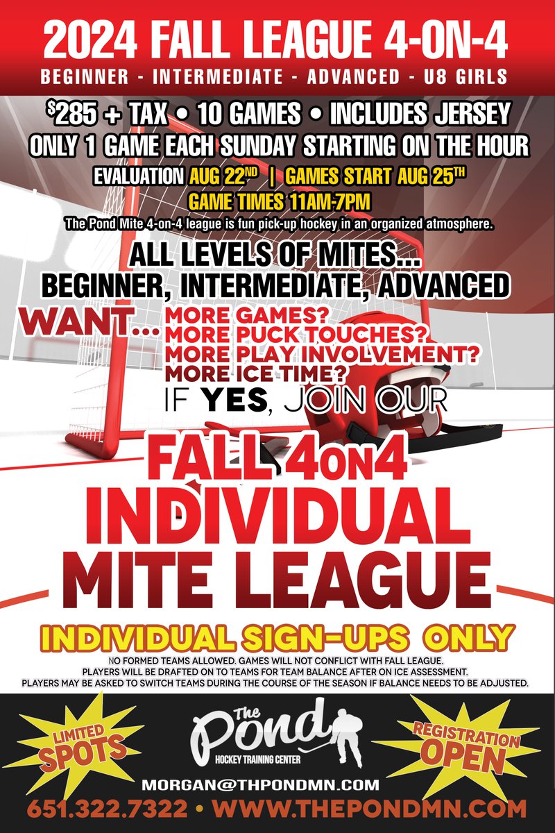 Mite 4v4 Individual Select League still has a 4 Spots available! 
Registration Link Below. Email Morgan@thepondmn.com or visit thepondmn.com for more information.
Mite 4v4 Individual Select League:
thepondmn.sportngin.com/register/form/…