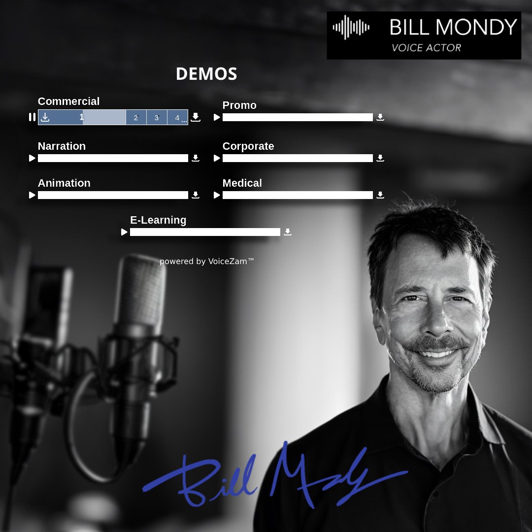 Check out Bill Mondy's demos with VoiceZam’s Stealth Player! Click to transform and explore his versatile voiceovers effortlessly. 👉 billmondy.com #Voiceover #Voiceactor #VoiceZam