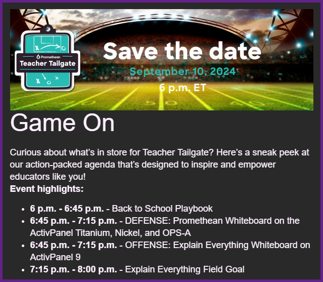 BrevardEdTech's tweet image. FYI - Promethean is hosting their annual Teacher Tailgate on September 10th

For more information on the sessions and registration, visit the event site:
events.zoom.us/ev/AqpBSDlgUa3…