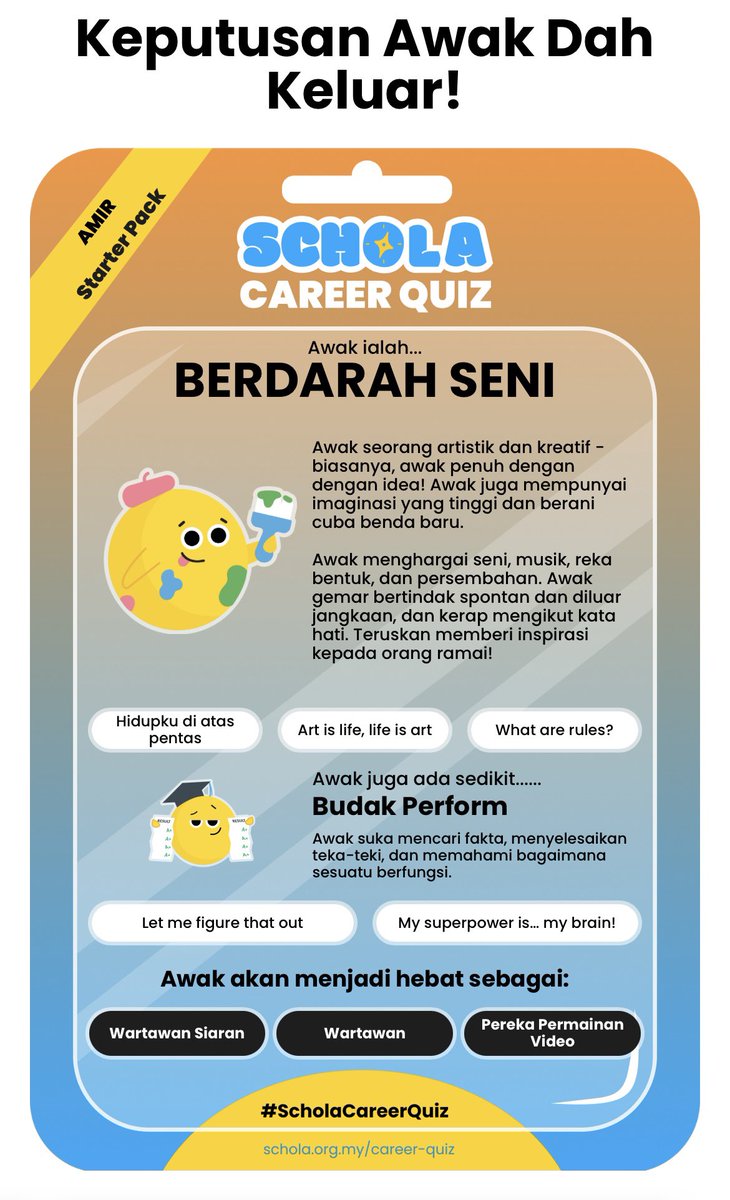 amerhadiazmi's tweet photo. Fun gila benda @schola_my ni. Kuiz kerjaya untuk budak-budak sekolah. Saya try buat, dia cadang saya jadi wartawan. Betul la tu. Haha

https://t.co/2poWDXq649 https://t.co/ETRkdnWv37
