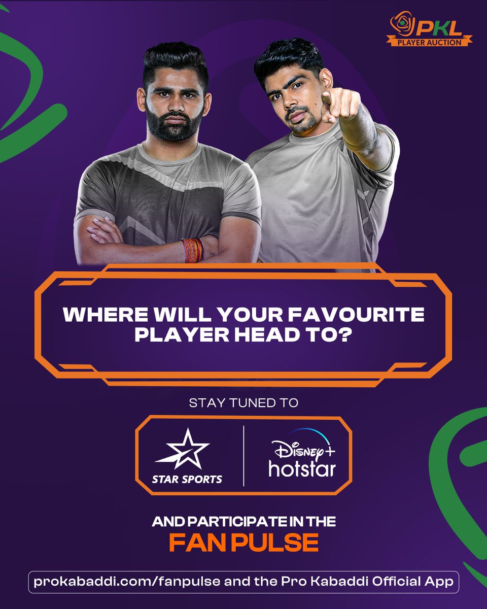 ProKabaddi's tweet photo. Think you're a prediction expert❓
Well, predict and vote on where your favorite player will head on https://t.co/hZc4ad97W0 or the Pro Kabaddi Official App 🗳️
#ProKabaddiLeague #ProKabaddi #PKL #PKLPlayerAuction #FanPulse #PKLAuctiononStar https://t.co/Rb1jdYDOs5