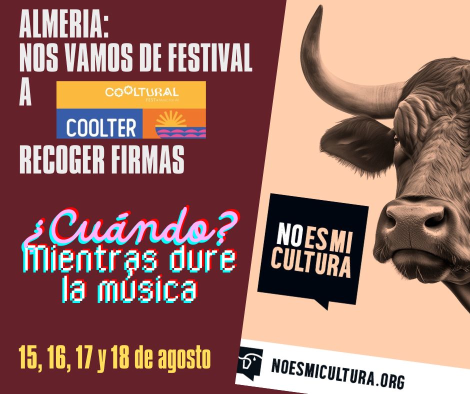 Vamos d festival  #Cooltural a recoger firmas #NoEsMiCultura ILP en #Almería.
Tenemos hasta enero para conseguir medio millón (ojalá muchas más) d personas antitaurinas q firmen .
Gracias a tod@s l@s q ya habéis firmado y gracias a l@s que lo váis a hacer
#TauromaquiaEsViolencia