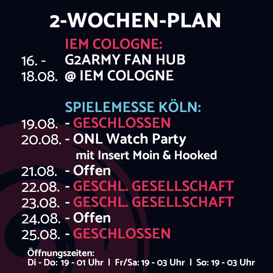 Was bei uns so während der IEM Cologne und der weltbekannten Videospielmesse in Köln abgeht, könnt ihr unserem Spezialplan entnehmen. Wir freuen uns schon auf euch!
#iemcologne #g2 #intelextrememasters #gaming #esports #bar #koeln #cologne #IEM2024 #openingnightlive #viewingparty