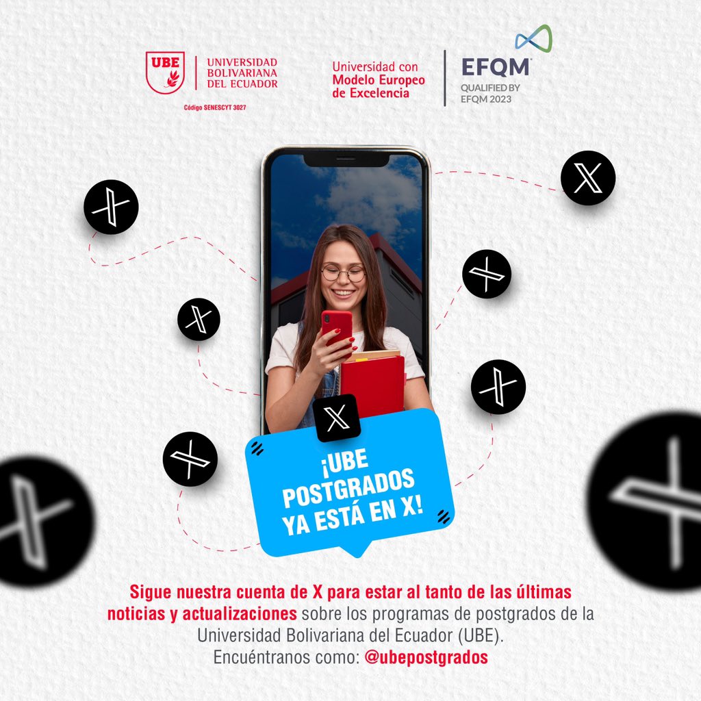 UbeEcuador's tweet photo. ¡Únete a nuestra comunidad! 👩🎓👨🎓

Sigue en la red social X a @ubepostgrados y mantente al tanto de todo lo que sucede con nuestros estudiantes y programas de maestría. 

📚🔍 Descubre eventos, noticias y oportunidades que te acercarán más a tu futuro profesional. 

#UBE #LaUniversidadParaTodos #UBEPostgrados #Postgrados #EducaciónSuperior