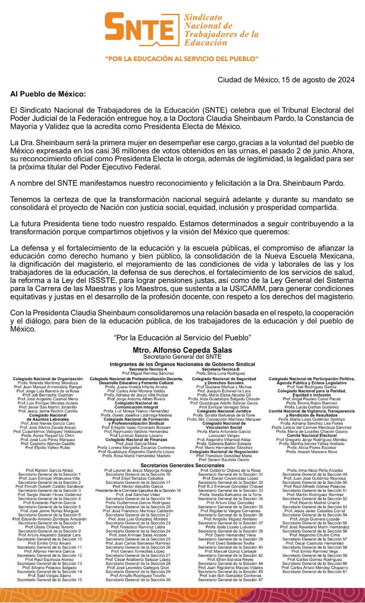 SnteNacional's tweet photo. #ClaudiaPresidentaElecta 

El #SNTE, encabezado por el Mtro. Alfonso Cepeda Salas, felicita a la Dra. @Claudiashein y le expresa su determinación de seguir contribuyendo a la transformación del país, porque comparten objetivos comunes.

👉 https://t.co/ZWRa0NelSG https://t.co/hOLXNKIkwT