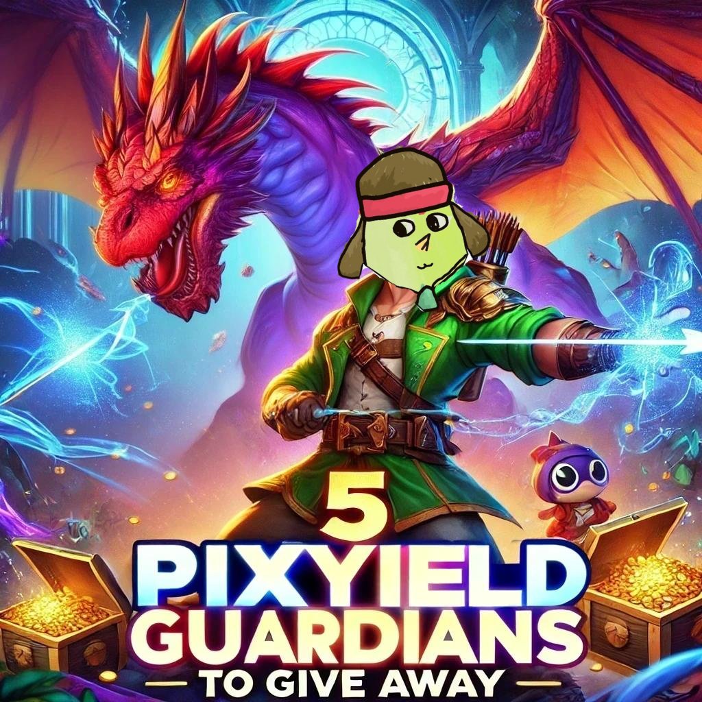 🚨 GIVEAWAY ALERT 🚨  
The legendary #PixYielder <a href="/westinpeace/"></a> is in full Robin Hood mode! He’s giving away 5 <a href="/PixYield_Guard/">👑 PixYield Guardian 🐉 | SOLD OUT</a> NFTs to 5 lucky winners! 🎁🐉

Here’s how to snag one:
1️⃣ Follow <a href="/westinpeace/"></a> and <a href="/PixYieldNFT/">👑 PixYield NFT's 👑 | OFFICIAL KINGDOM</a>  
2️⃣ Smash that like button  
3️⃣ Retweet with style  
4️⃣