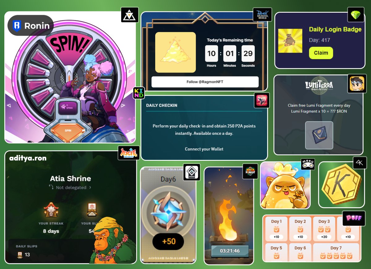 🚨 Daily Claims X <a href="/Ronin_Network/">Ronin</a> 🚨

✨ <a href="/kaidrochronicle/">Kaidro 🐉</a> Kalodium - Spin
✨ <a href="/AxieInfinity/">Axie Infinity</a> Atia Blessing - All axie game rewards
✨ <a href="/playwildforest/">Wild Forest</a> Signal Fire
✨ @RagmonNFT Star Dust
✨ <a href="/pixels_online/">Pixels</a> Coins
✨ <a href="/LumiterraGame/">Lumiterra (mainnet arc)</a> Lumi Fragment
✨ <a href="/Moku_HQ/">Moku✨</a> Everyday Moku claims
✨