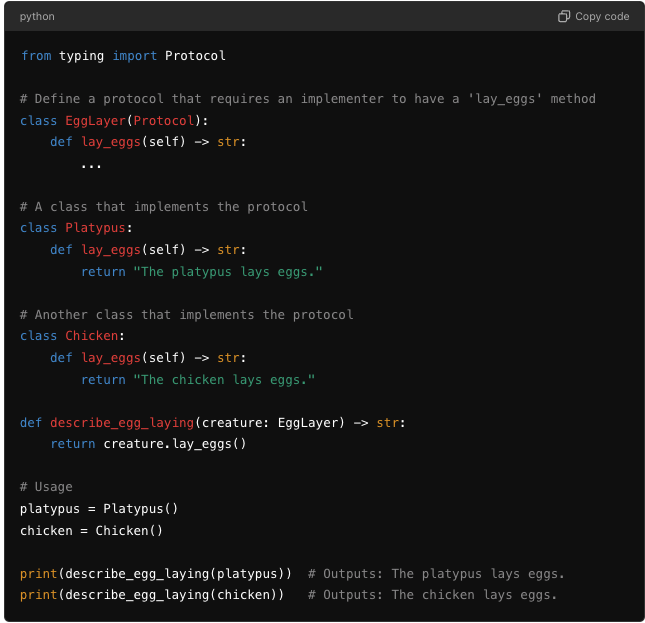 Protocol's in Python are a pretty interesting typing strategy. Rather than force you to inherit to get typing hints, you can essentially subscribe to the methods/attributes of a class, without being forced to inherit. Seems to help avoid OOP nightmares