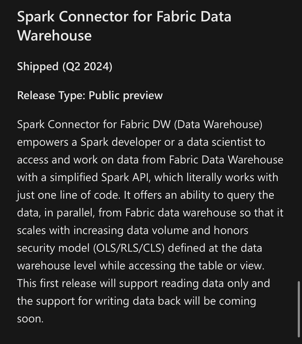 BrightonKahrs's tweet photo. @kevindoherty581 @bob_duffy @mim_djo Agreed. That’s why I’m so excited for the spark connector feature. Spark can read DWH, but coming soon you will be able to write back. I’ve been pro LH this whole time but if Spark can write to DWH… that might change the game https://t.co/3yrMDnfzEy