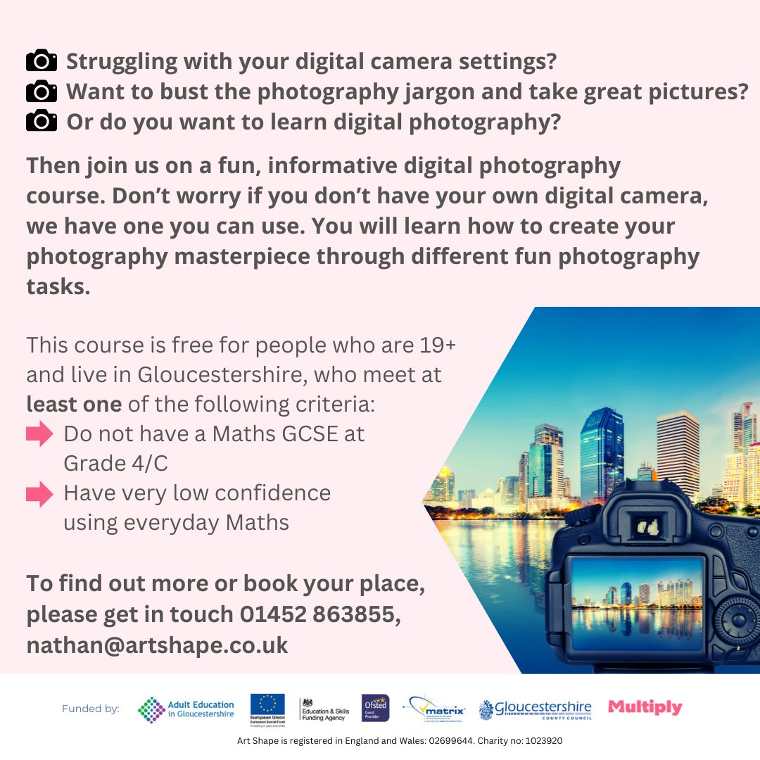 Art Shape (@artshape) on Twitter photo Snap Happy with tutor Donna Lawson
Join us on a fun, informative digital photography course.
Book your place: 01452 863855 or email nathan@artshape.co.uk
#DigitalPhotography #Photography #MathsConfidence #LearnMaths #Local #Glos #Gloucestershire #Brockworth #LearnPhotography Snap Happy with tutor Donna Lawson
Join us on a fun, informative digital photography course.
Book your place: 01452 863855 or email nathan@artshape.co.uk
#DigitalPhotography #Photography #MathsConfidence #LearnMaths #Local #Glos #Gloucestershire #Brockworth #LearnPhotography