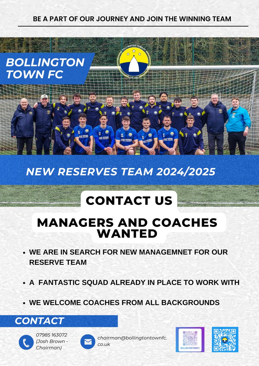 BollingtonTown's tweet photo. MANAGERS AND COACHES GET IN TOUCH ! 

Bollington Town Football Club are searching for new managment for the reserve team. With 5 reserve players already making first team debuts we are desperate to get our talented lads a new coaching set up. 

If any clubs could please share👍🏻👍🏻 https://t.co/74K42UpIe4