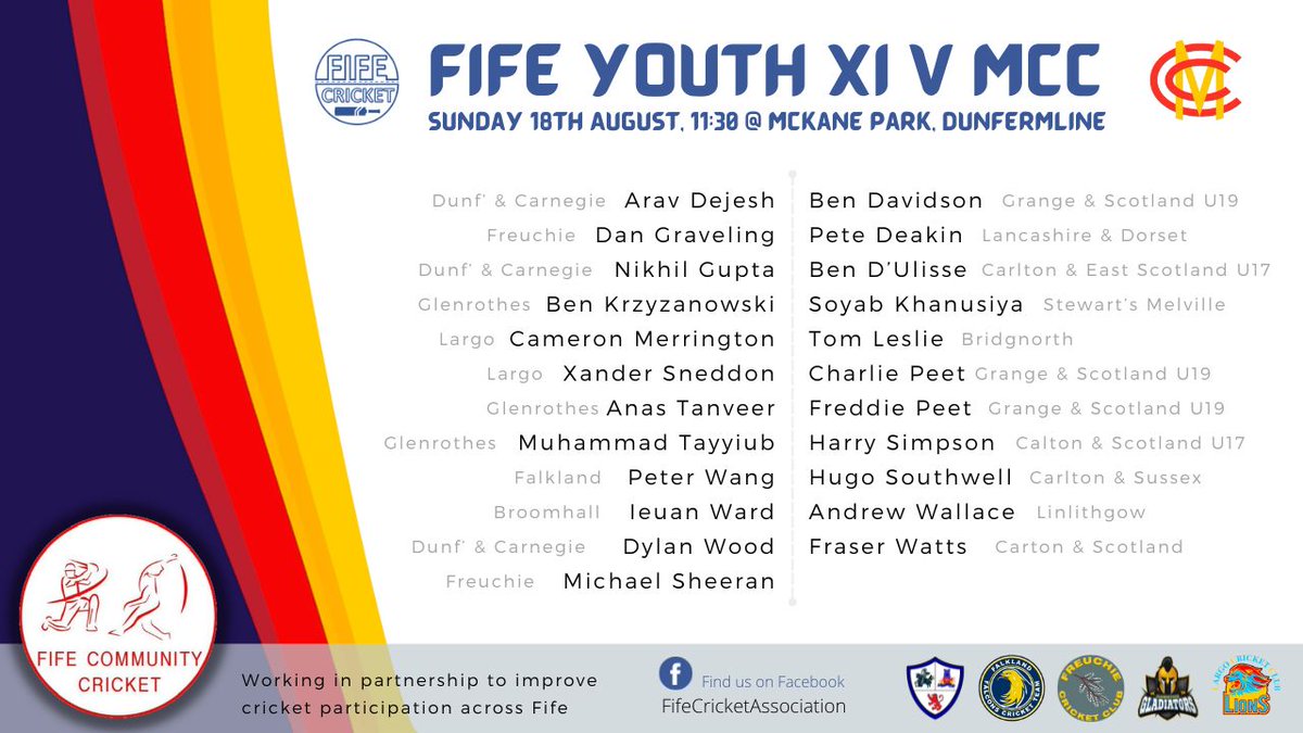 👥 FIFE YOUTH XI v MCC TEAM LINEUPS...

Young cricketers from across Fife are aiming to create some cricket memories on Sunday as they play an "MCC" Select team at McKane Park in Dunfermline.

🧵1/7