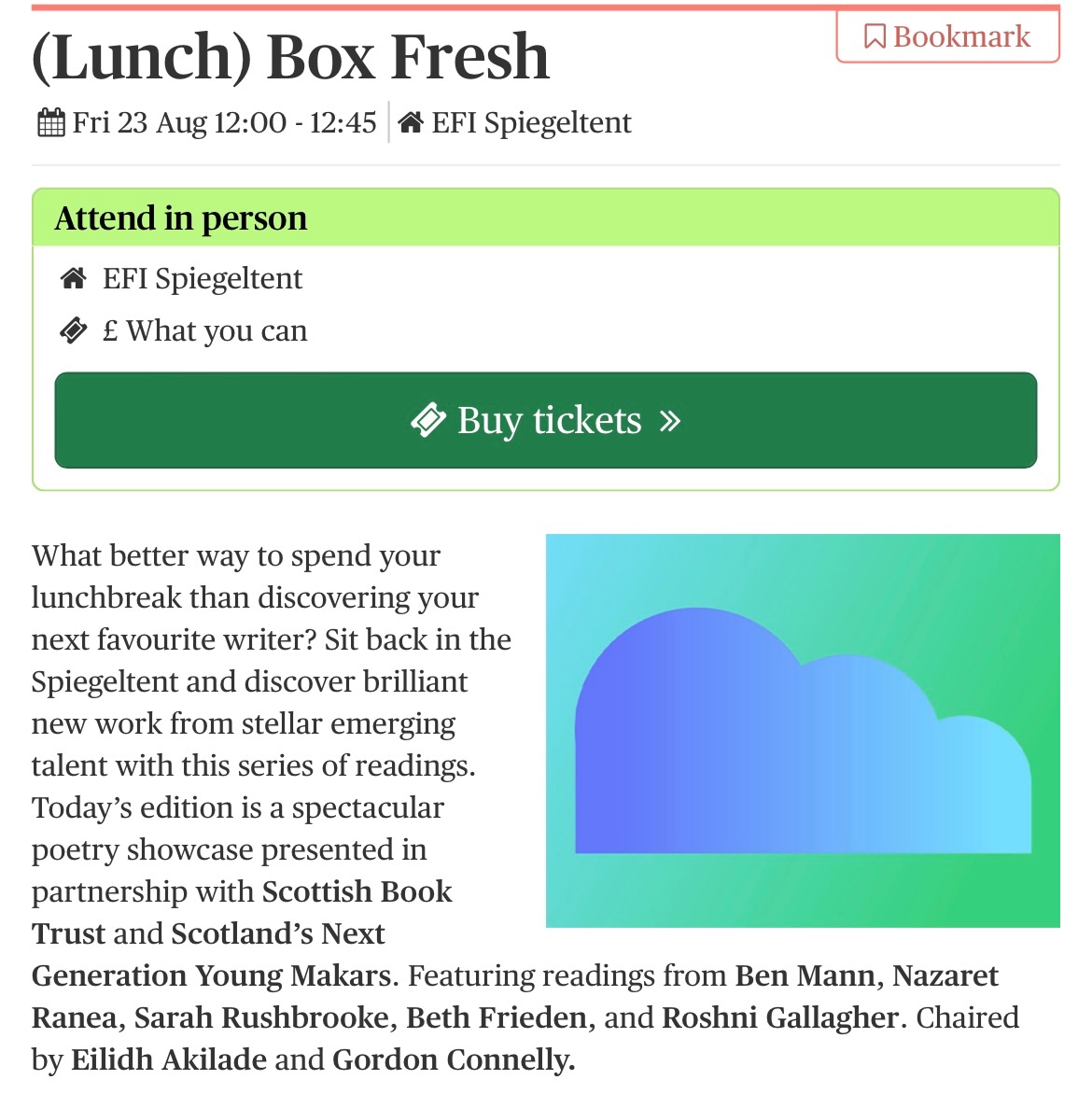 Roshni Gallagher (@roshnigallagher) on Twitter photo I’m reading a couple of poems next friday lunch time at <a href="/edbookfest/">Edinburgh International Book Festival</a> as part of the <a href="/scottishbktrust/">Scottish Book Trust</a> poetry showcase 💫 pay what you can! I’m reading a couple of poems next friday lunch time at <a href="/edbookfest/">Edinburgh International Book Festival</a> as part of the <a href="/scottishbktrust/">Scottish Book Trust</a> poetry showcase 💫 pay what you can!