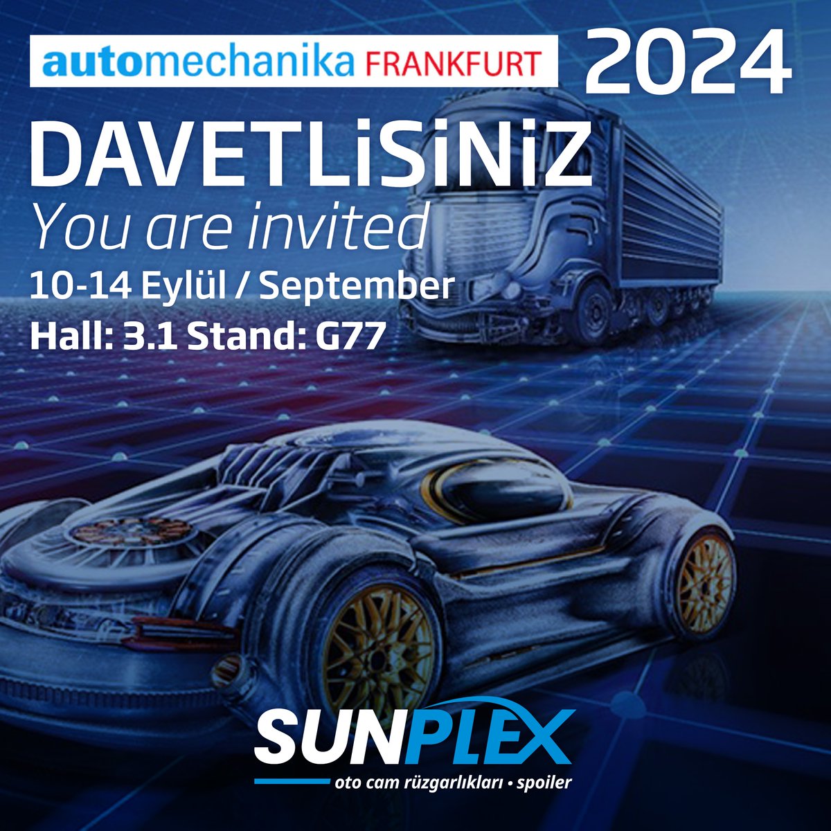 Almanya Messe Frankfurt Fuar Merkezi’nde 10-14 Eylül tarihlerinde gerçekleşecek olan Automechanika Frankfurt fuarında Hall: 3.1 Stand: G77 numaralı standımıza tüm ziyaretçilerimizi bekleriz.

#sunplex #frankfurt #automechanika #AMF24 #autowindabweiser #windabweiser #spoiler