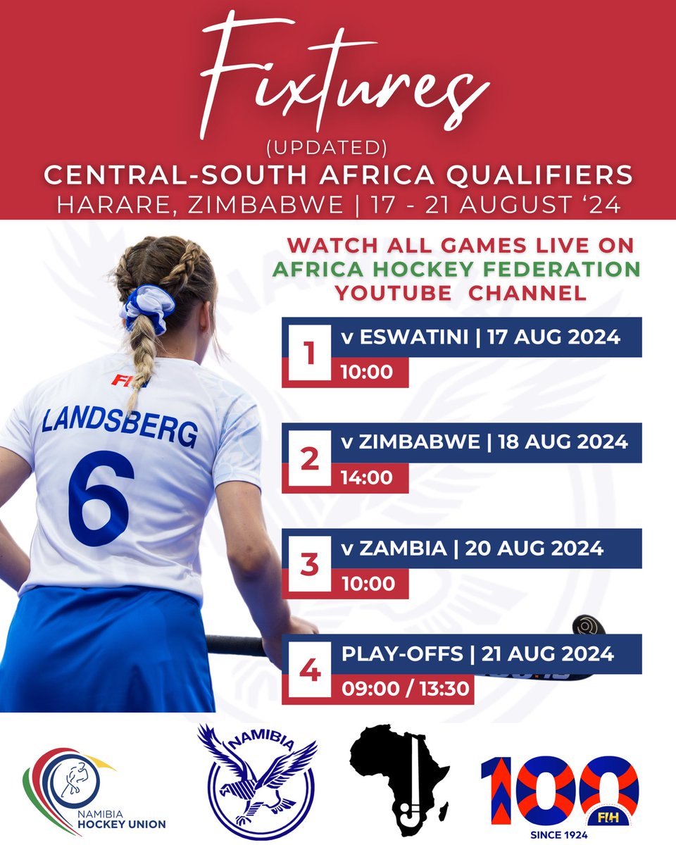 Less that 48 hours, before the qualifiers start. Here are the updated schedules of the games. 

Catch all the games, live on the Africa Hockey Federation YouTube channel. 
#Namibia #NamibiaHockey <a href="/zimhockey/">Zimhockey</a> <a href="/AfrHockey/">African Hockey Federation (AfHF)</a>