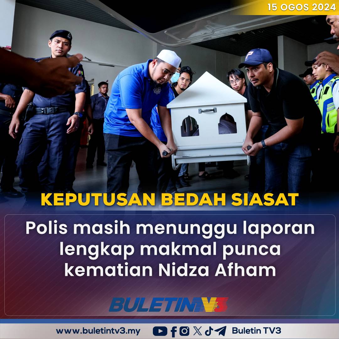 BuletinTV3's tweet photo. KEPUTUSAN BEDAH SIASAT | Bedah siasat ke atas mayat penyanyi Muhammad Nidza Afham Mokhtar diputuskan Pending Laboratory Investigation (menunggu laporan lengkap makmal).

Ketua Polis Selangor, Datuk Hussein Omar Khan berkata tiada lain-lain kecederaan fizikal ditemui dan siasatan diteruskan sebagai mati mengejut.

#BuletinTV3 #NidzaAfham