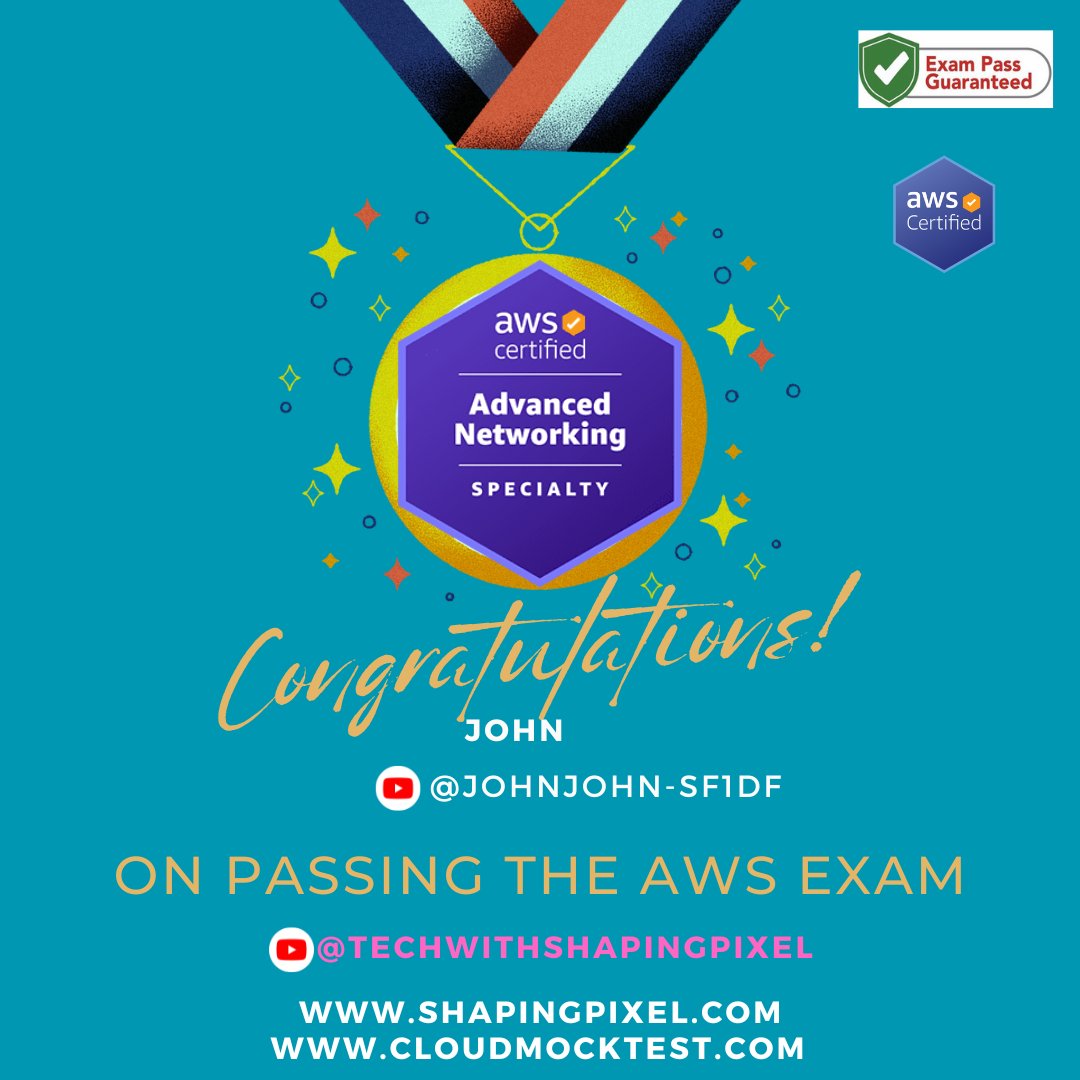 shaping_pixel's tweet image. Congratulations @JohnJohn-sf1df on Passing the AWS Certified Advanced Networking - Specialty (ANS-C01) Exam 🏅 #shapingpixel #awscertified #awsnetworking #exampassed #awsexam