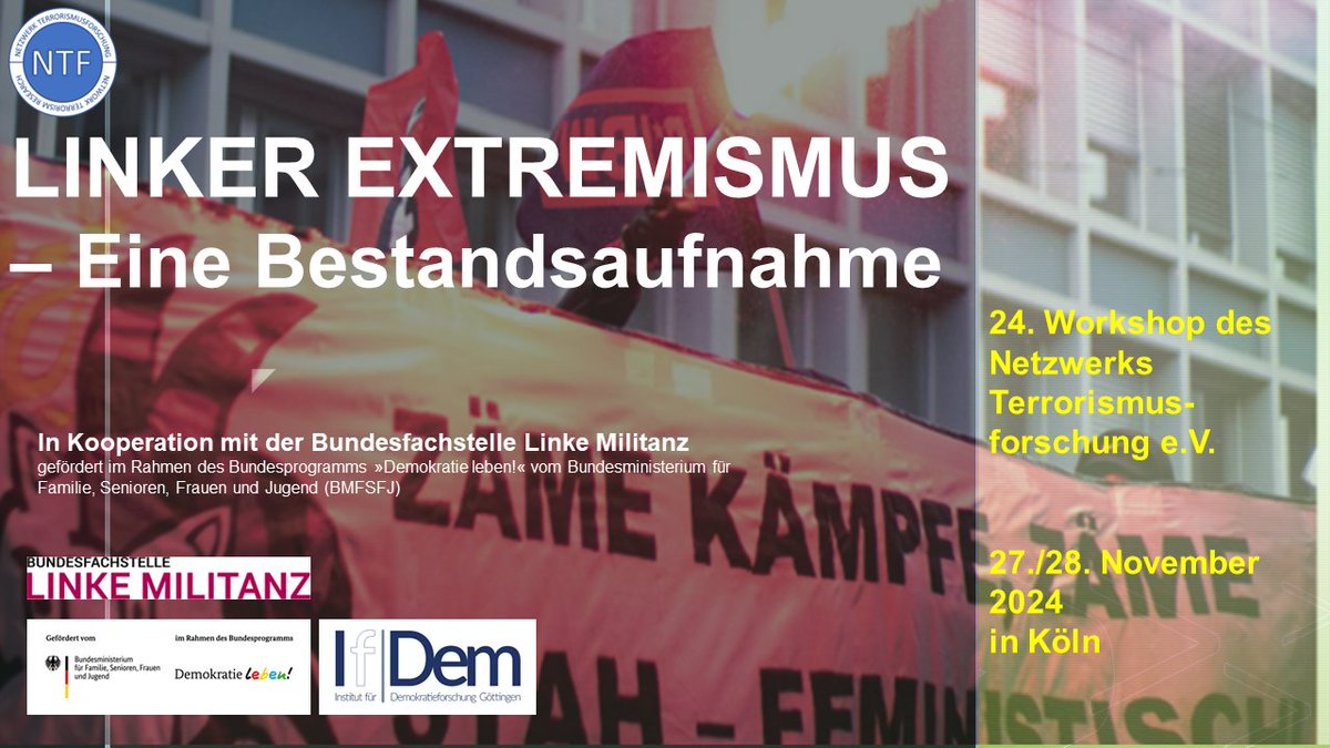 NTFeV's tweet photo. 📌Save the Date! Am 27. und 28. November findet - diesmal in Kooperation mit der Bundesfachstelle Linke Militanz - der nächste #NTFWorkshop zum Thema "linker Extremismus" statt! Mehr Infos und den Call findet ihr demnächst auf der NTF-Website: https://t.co/sUJ8X1EhBd https://t.co/sEOid2cFlM
