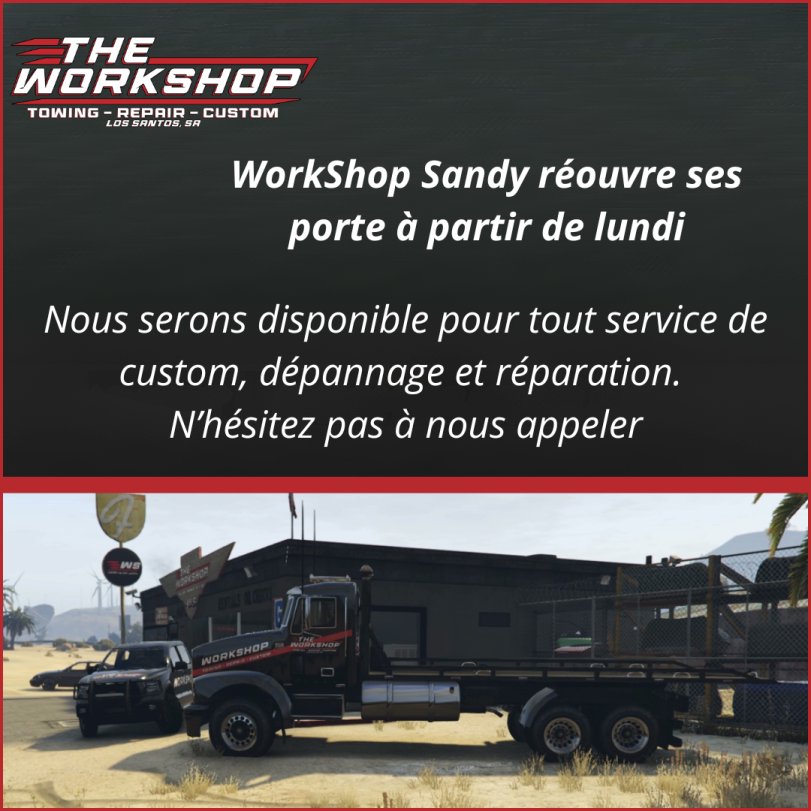 TheWorkshop69's tweet photo. Nous avons le plaisir de vous annoncer que The WorkShop Sandy Shores Réouvre ses Portes à Partir de ce Lundi 19/08/2024 🔨🚘 https://t.co/gfgKkCShJc
