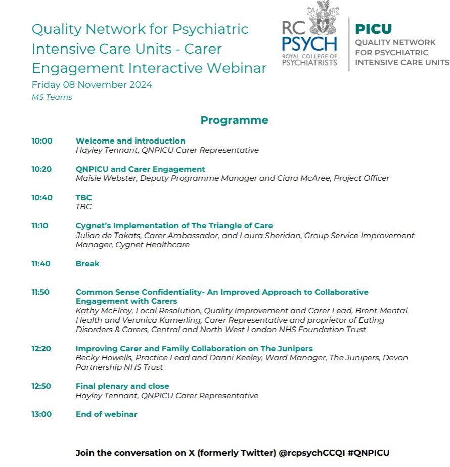 rcpsychCCQI's tweet photo. ⭐️DRAFT PROGRAMME NOW AVAILABLE! ⭐️ 
The #QNPICU Carer Engagement Interactive Webinar is shaping up with an exciting lineup of speakers! Check out the draft programme below. Our carer representative, Hayley, will also be chairing the event!
🖥️Sign up now: https://t.co/DeLFqM5zON https://t.co/g1wa8K4Jdj