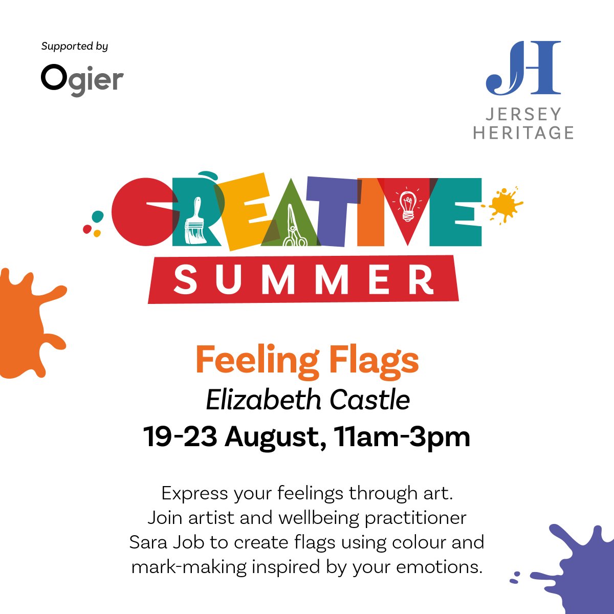 JerseyHeritage's tweet image. Our final week of #CreativeSummer activities for the school hols starts at #ElizabethCastle tomorrow ( 19th). 'Feeling Flags' with artist and #Wellbeing practitioner Sara Job is on until Fri - a chance for families to have fun while expressing feelings through #Art.
@OgierGroup