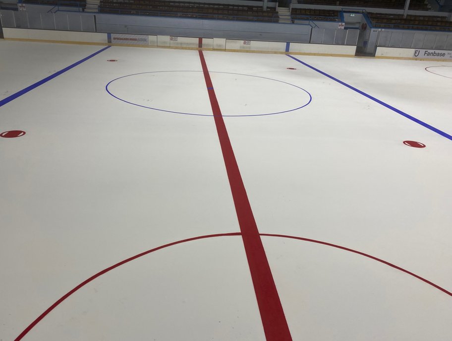 Morning Folks - you can see how our lines are down &amp; looking sharp and crisp. We have sealed the paint &amp; now we build up the ice before adding our sponsors logos ...
Pictures to follow, but it may be a day or two. We want beautiful ice, which takes a little time and a lotta love