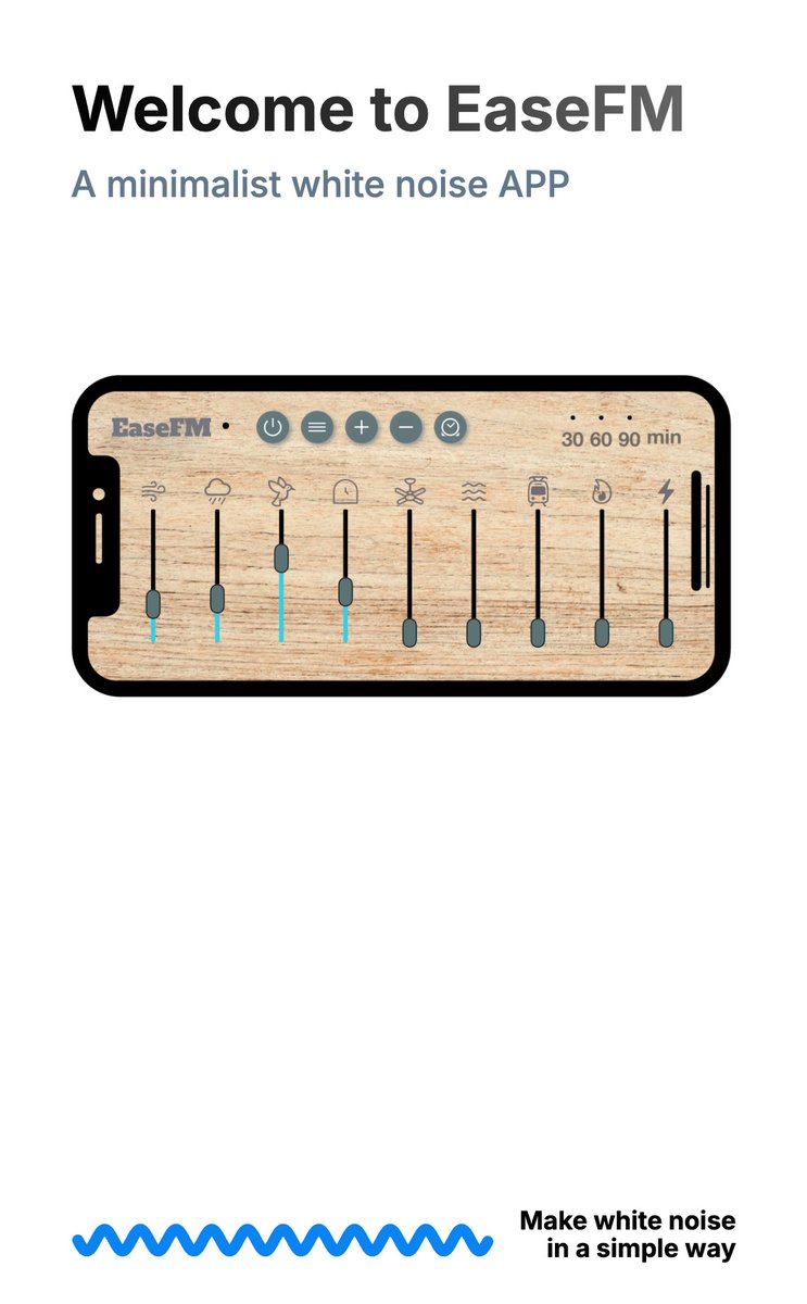 [EaseFm] A minimalist white noise APP
EaseFM, your health partner! Simple and elegant. Helps you sleep and live well. With natural sounds, it relaxes. 
Platform: iOS App Store
👉Features: Simple interface. Mix multiple. Adjust size. Auto-adjust after mix. Auto-off timer.