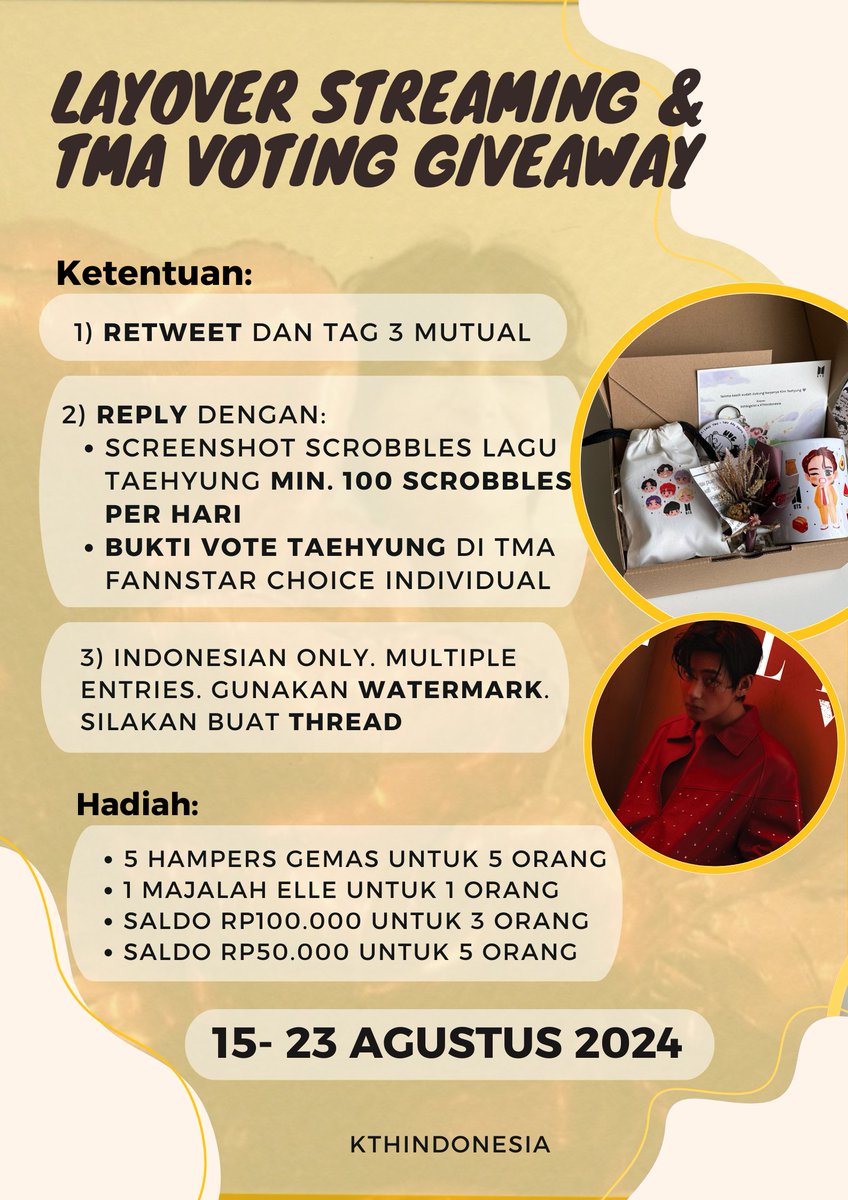 LAYOVER STREAMING x TMA VOTING GIVEAWAY!✨

<a href="/kthbigsist/">Kim Yeontan</a> dan @forwinterbear95 sponsori hadiah giveaway untuk para streamers dan voters! Ajak mutual, share, RETWEET

🎁 Hadiah untuk total 14 pemenang
🗓️ 15-23 Agustus 2024
📝 Screenshot scrobbles dari Library - Artists - PER SATU