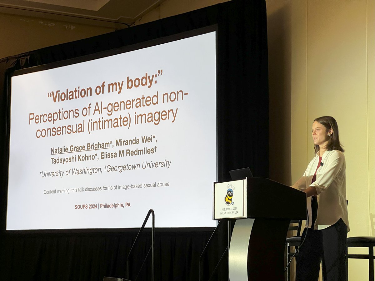 Tadayoshi (Yoshi) Kohno (@yoshi_kohno) on Twitter photo Super great presentation from Natalie Grace Brigham at #soups2024, for her paper "'Violation of my body:' Perceptions of AI-generated non-consensual (intimate) imagery", also with <a href="/_weimf/">Miranda Wei</a> and <a href="/eredmil1/">Elissa M. Redmiles, Ph.D.</a> . Paper at usenix.org/conference/sou… Super great presentation from Natalie Grace Brigham at #soups2024, for her paper "'Violation of my body:' Perceptions of AI-generated non-consensual (intimate) imagery", also with <a href="/_weimf/">Miranda Wei</a> and <a href="/eredmil1/">Elissa M. Redmiles, Ph.D.</a> . Paper at usenix.org/conference/sou…