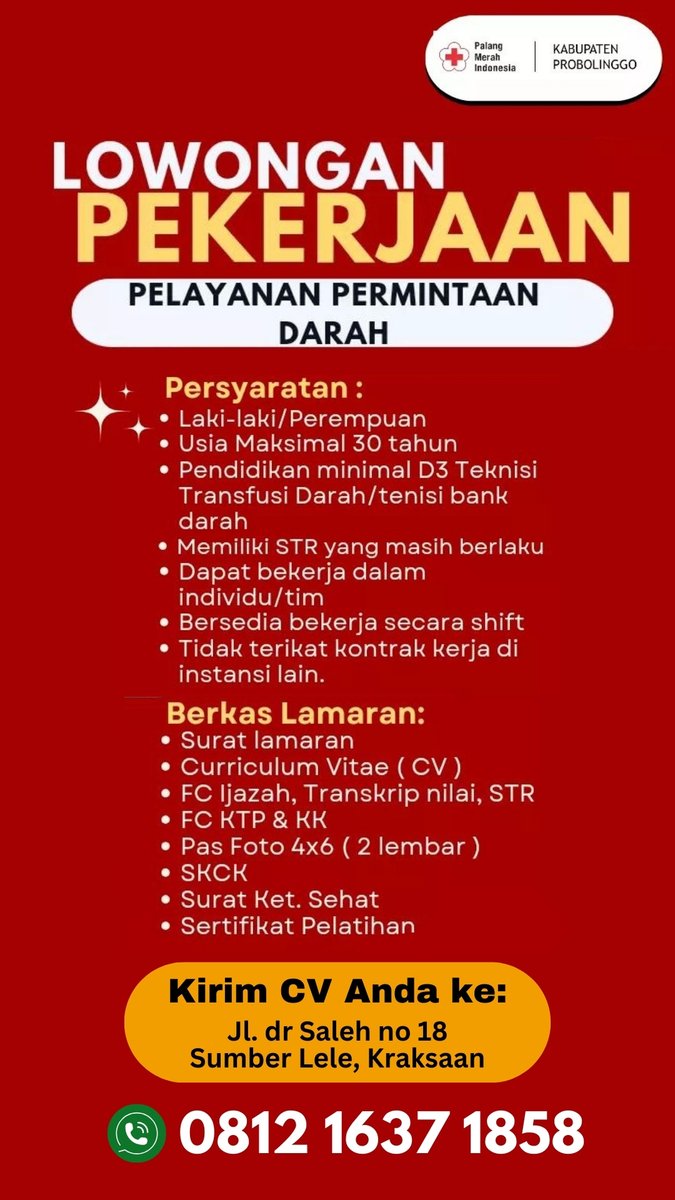 GoProbolinggo's tweet image. LOWONGAN PEKERJAAN di PMI 
Kabupaten Probolinggo 
Posisi: PELAYANAN PERMINTAAN DARAH
#loker #lowongankerja #lowongan #pmi #palangmerah #palangmerahindonesia