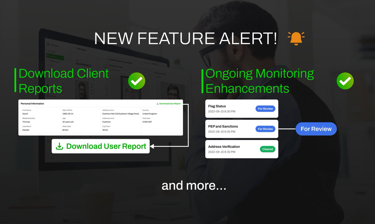 SQR_ID's tweet photo. We’re excited to announce the release of some new features and enhancements!
✅ Download client reports: Securely export data with ease
✅ Ongoing monitoring enhancements: Manage matches more effectively
✅ Instructional guidance: Ease your clients through the onboarding process. https://t.co/71GySO7NZI