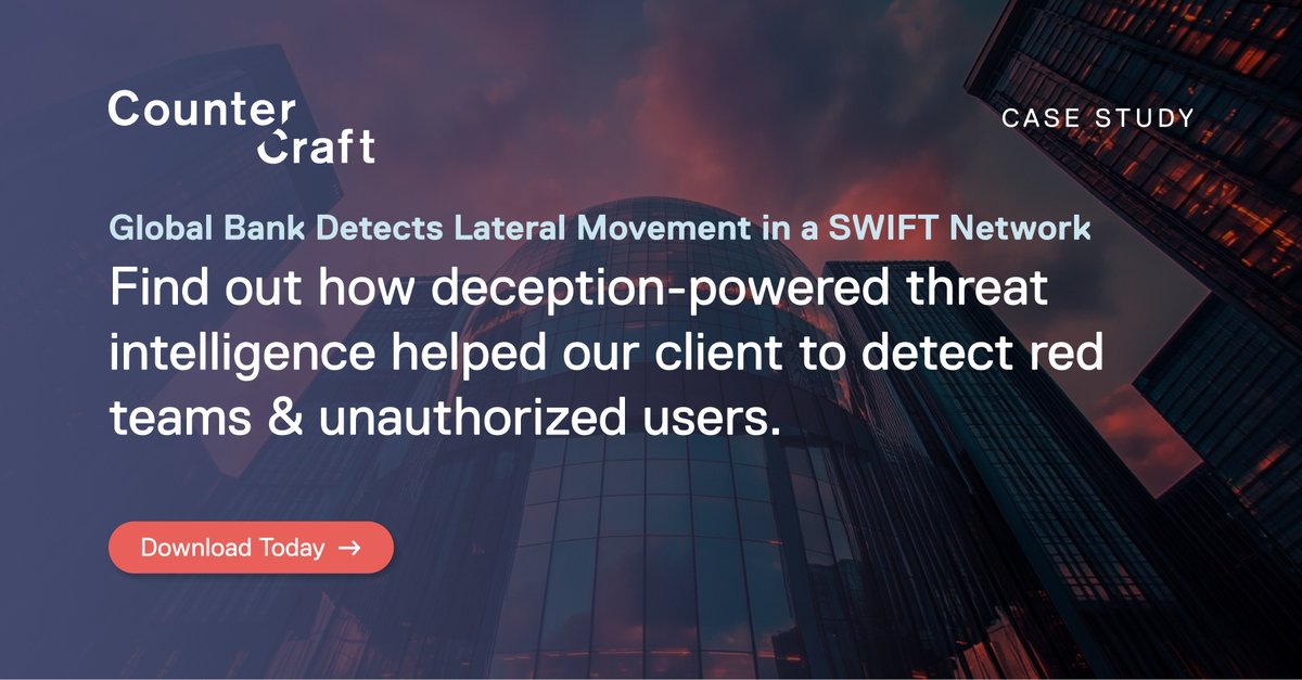 countercraftsec's tweet image. 51% of #financialinstitutions consider cyber threats to be one of the biggest risks facing thier business today. Read our case study find out how CounterCraft helped a global bank effectively detect lateral movement in their #SWIFTnetworks ▶️ eu1.hubs.ly/H0bHCkR0