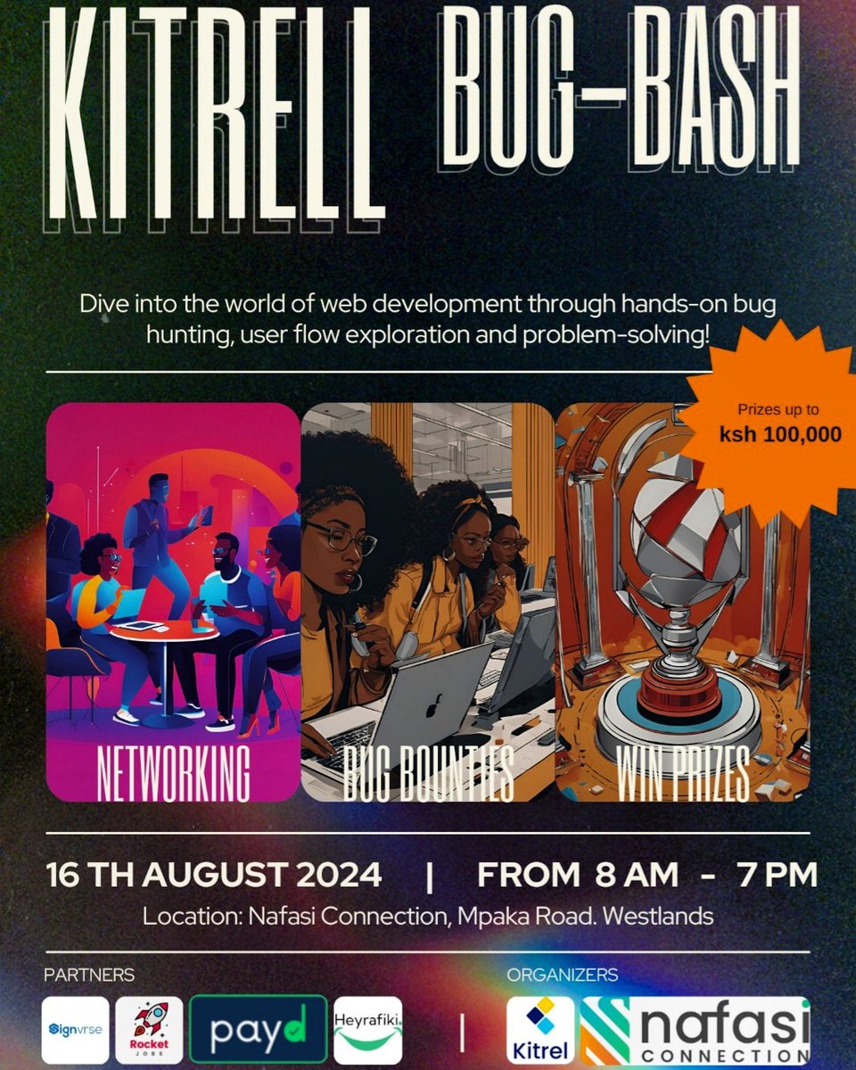 nafasiconnect's tweet photo. Join us at the Kitrell Bug-Bash on August 16th for a day of networking, problem-solving, and fun! Prizes up to Ksh 100,000 await! 💰
Register at https://t.co/U33qM81AOd For more information visit https://t.co/9zm7i4MrcB Don't miss out! #KitrellBugBash  #Nafasiconnection https://t.co/ZNYKO3ux05