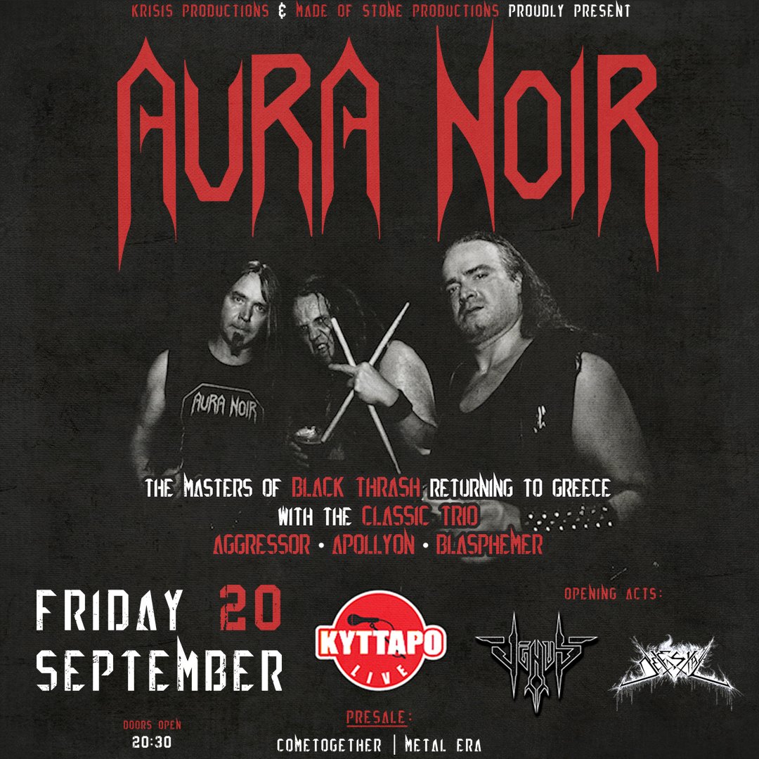 Venus80069941's tweet photo. We are thrilled to announce that our first live show will be in our hometown Athens supporting the mighty AURA NOIR  along with Detestial on September 20 at @kyttarolive  🔥🔥

Join Us  - V - https://t.co/FGbELWk8LM