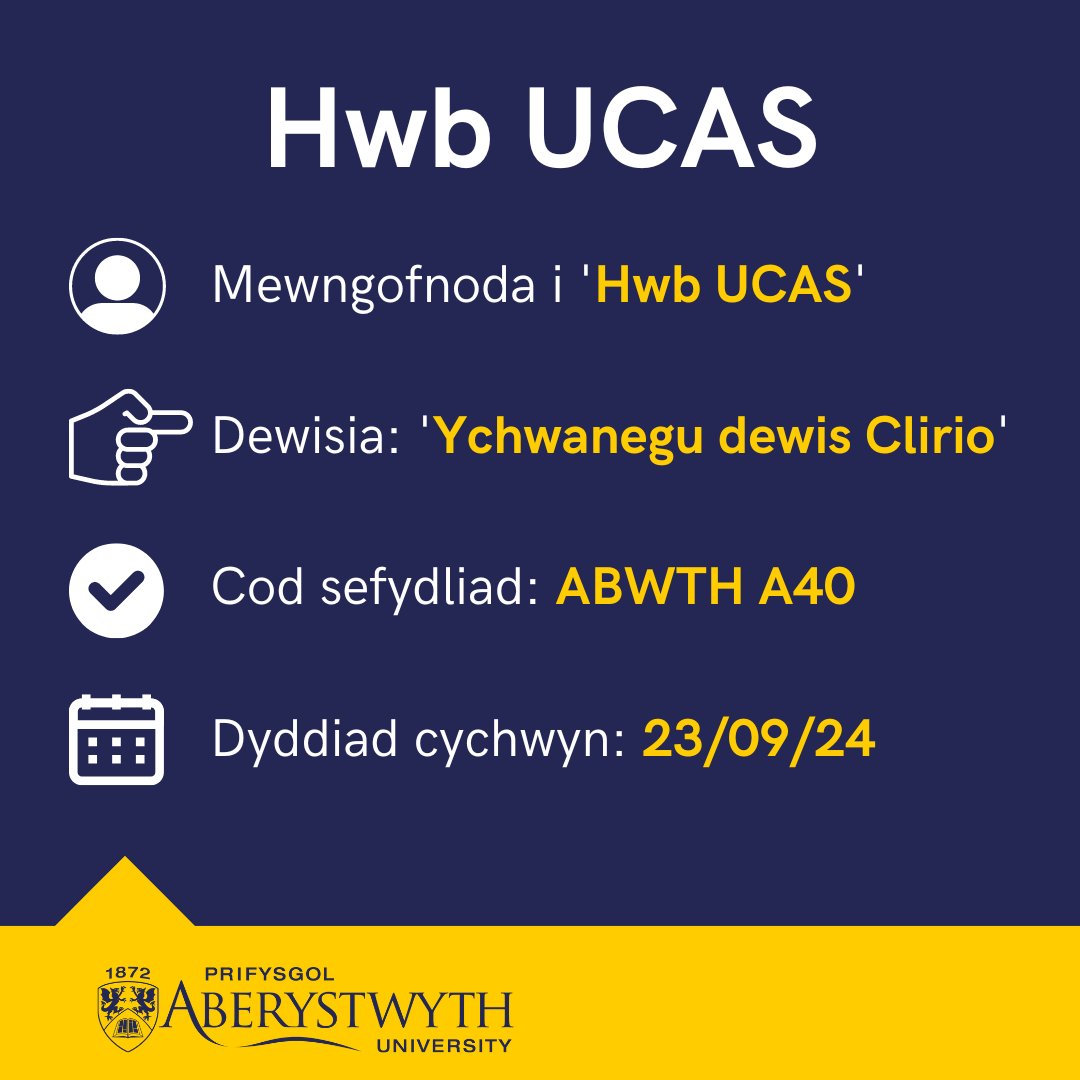 Prifysgol_Aber's tweet photo. ⏰ Gelli ddewis dy opsiwn Clirio ar Hwb UCAS o 1pm heddiw. 

🖱️ Os ydym wedi cynnig lle i ti trwy Glirio, dyma bedwar cam i’w gymryd.

Unrhyw gwestiynau? Cysyllta â ni:
☎️ 0800 121 4080
💬  https://t.co/gluJ7CrLUa 
📲 https://t.co/eWrrFwFNfa https://t.co/fIG3IoShzZ