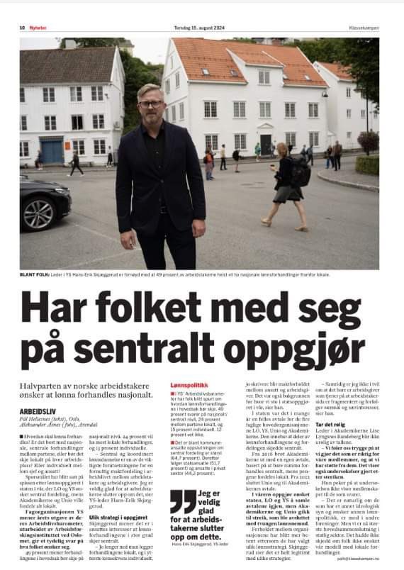 YS (@ysnorge) on Twitter photo Sentral og koordinert lønnsdannelse er viktig forutsetning for fornuftig maktfordeling i arbeidslivet. Jeg er veldig glad for at arbeidstakerne slutter opp om det, slik #Arbeidslivsbarometeret viser, sier YS-leder <a href="/Skjaeggerud/">Hans-Erik Skjæggerud</a> til <a href="/Klassekampen/">Klassekampen</a>. Sentral og koordinert lønnsdannelse er viktig forutsetning for fornuftig maktfordeling i arbeidslivet. Jeg er veldig glad for at arbeidstakerne slutter opp om det, slik #Arbeidslivsbarometeret viser, sier YS-leder <a href="/Skjaeggerud/">Hans-Erik Skjæggerud</a> til <a href="/Klassekampen/">Klassekampen</a>.