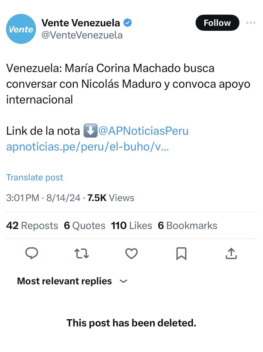 🇻🇪 | Nuevamente, de manera accidental, a <a href="/VenteVenezuela/">Vente Venezuela</a> se le ha borrado un post, en este la noticia se titulaba: “Venezuela: María Corina busca conversar con Nicolás Maduro y convoca apoyo internacional.” Así que les pido que se unan en este servicio público, difundiendo.

🚨La