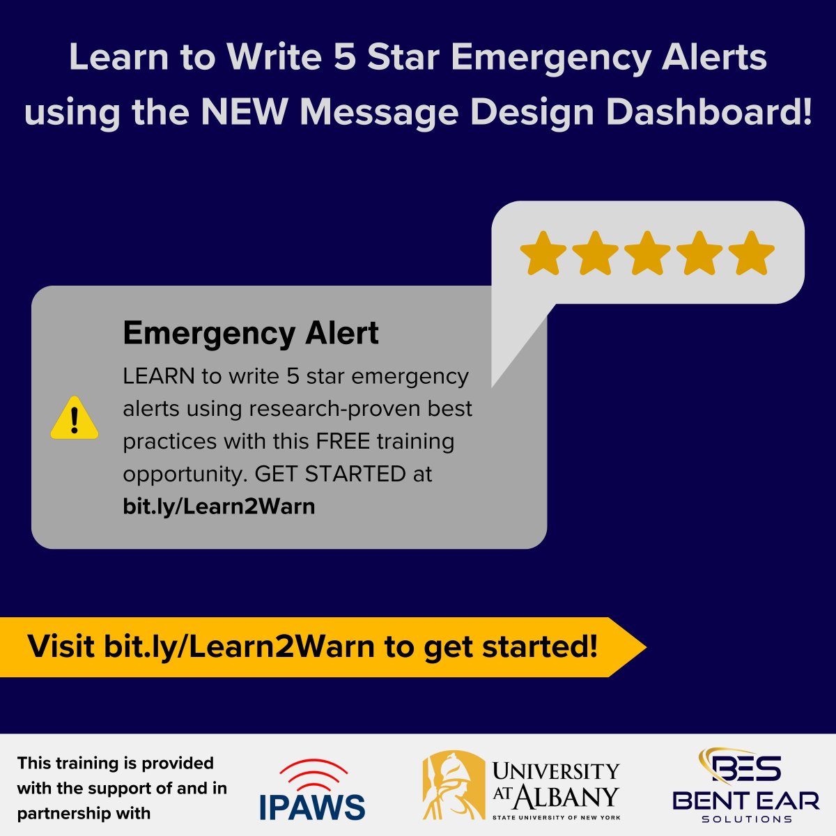 CTGUAlbany's tweet photo. The @fema #IPAWS Message Design Dashboard is LIVE! Thank you to the #EmergencyManagement community across the US who helped us & our research partners @UAlbanyCEHC develop the tool & @BES_LLC for developing the Effective Message Writing and MDD training https://t.co/UD9qoGkyeY https://t.co/jzWAZ94LKd