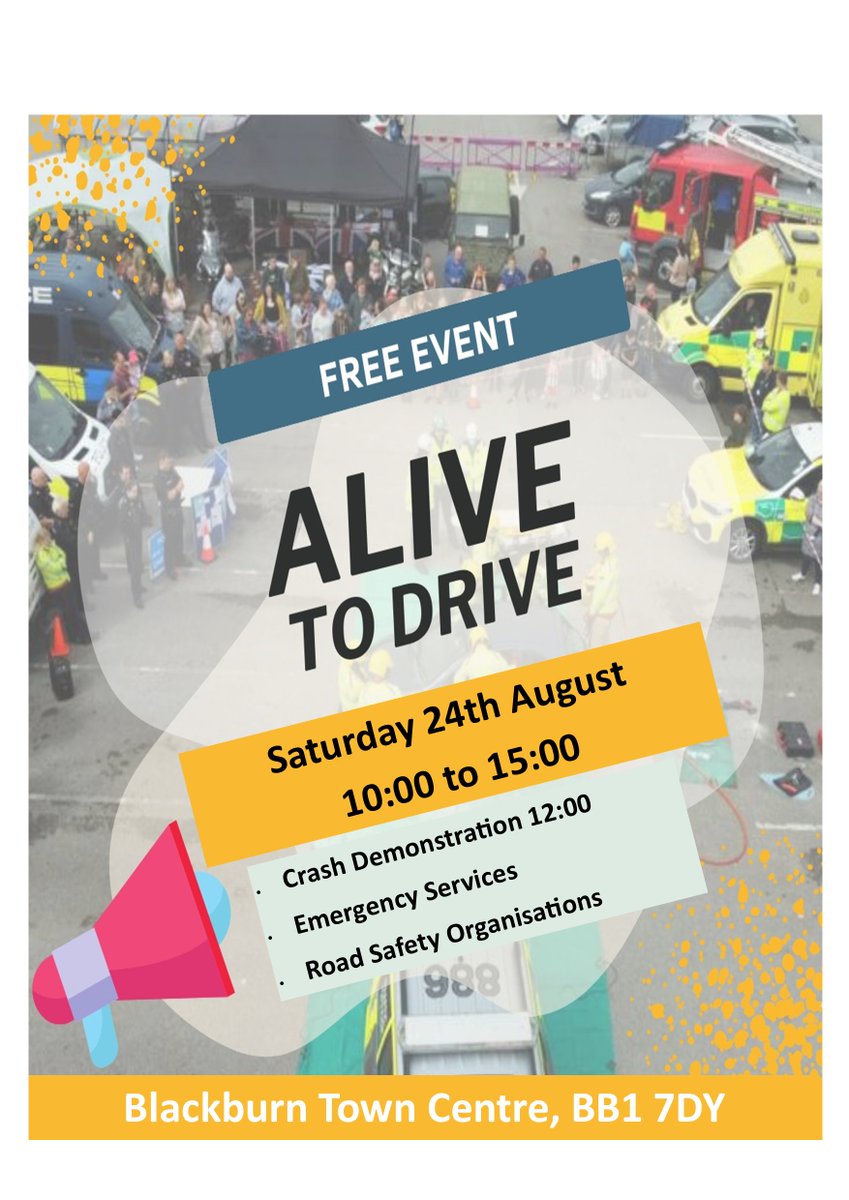 🚗 ALIVE TO DRIVE 🚗
Road Safety Event   

Saturday 24 August  
10am to 3pm  
Blackburn Town Centre (outside the Town Hall)    

Come along next Saturday where you'll find something for all the family!

<a href="/LancsPolice/">Lancashire Police</a>
<a href="/LancashireFRS/">Lancashire Fire & Rescue Service</a>