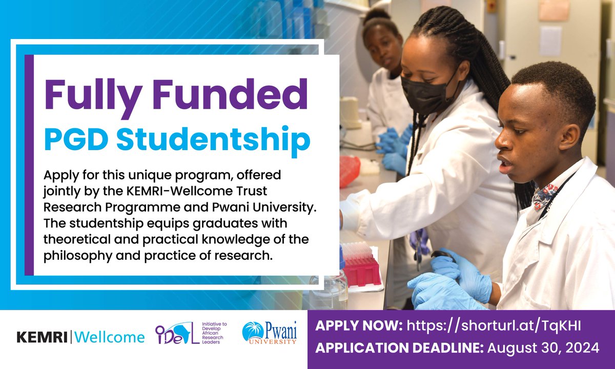 IDeAL, Africa (@ideal_kemri_wt) on Twitter photo Exciting opportunities! Apply for the <a href="/IDeAL_KEMRI_WT/">IDeAL, Africa</a> & <a href="/KEMRI_Wellcome/">KEMRI-Wellcome Trust</a> PGD studentship in collaboration with <a href="/PU_Kilifi/">Pwani University</a>. This is a fully funded one-year studentship under the mentorship of globally renowned researchers.
Deadline: August 30, 2024
Apply: shorturl.at/TqKHI Exciting opportunities! Apply for the <a href="/IDeAL_KEMRI_WT/">IDeAL, Africa</a> & <a href="/KEMRI_Wellcome/">KEMRI-Wellcome Trust</a> PGD studentship in collaboration with <a href="/PU_Kilifi/">Pwani University</a>. This is a fully funded one-year studentship under the mentorship of globally renowned researchers.
Deadline: August 30, 2024
Apply: shorturl.at/TqKHI