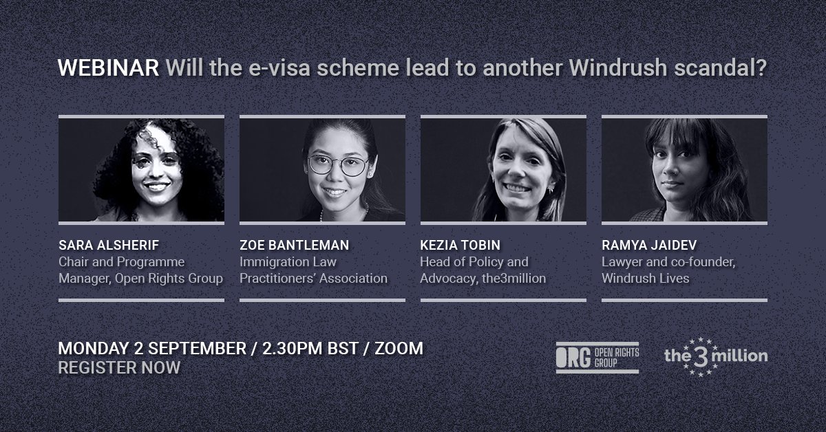 Open Rights Group (@openrightsgroup) on Twitter photo Plans to digitalise migrants’ proof of residence could lead to a digital Windrush scandal.
Discover more about the flawed #eVisa scheme with <a href="/sarahalsherif/">Sara Alsherif</a>, <a href="/ZoeBantleman/">Zoe Bantleman</a>, <a href="/keztob/">Kezia Tobin</a> and Ramya Jaidev.
🗓️ Mon 2 September
🕝 2:30pm BST
📍Zoom
Register now ➡️ us02web.zoom.us/webinar/regist… Plans to digitalise migrants’ proof of residence could lead to a digital Windrush scandal.
Discover more about the flawed #eVisa scheme with <a href="/sarahalsherif/">Sara Alsherif</a>, <a href="/ZoeBantleman/">Zoe Bantleman</a>, <a href="/keztob/">Kezia Tobin</a> and Ramya Jaidev.
🗓️ Mon 2 September
🕝 2:30pm BST
📍Zoom
Register now ➡️ us02web.zoom.us/webinar/regist…