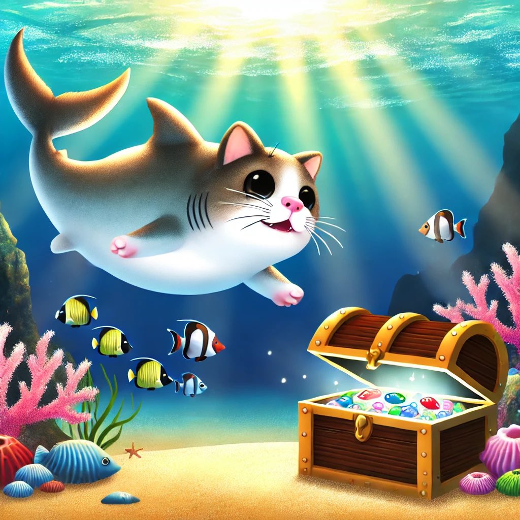 Once upon a time, deep in the ocean, there was a fierce yet adorable Shark Cat. 🦈🐱 With the heart of a guardian and the curiosity of a kitten, she protected the coral reefs and led her fishy friends to treasure. But her greatest discovery? The world above—where she became a