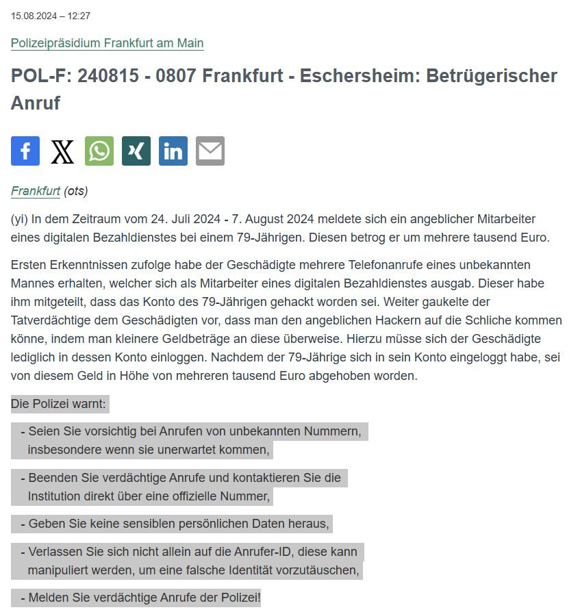 Polizei_Ffm's tweet photo. #Frankfurt #Eschersheim
In einem Zeitraum von Juli bis August meldete sich ein angeblicher Mitarbeiter eines digitalen Bezahldienstes bei einem 79-Jährigen. Diesen betrog er um mehrere tausend Euro.
PM: https://t.co/3lhZqNE3KZ
⚠️Unsere Hinweise ⤵️ https://t.co/cYl1frVG4l
