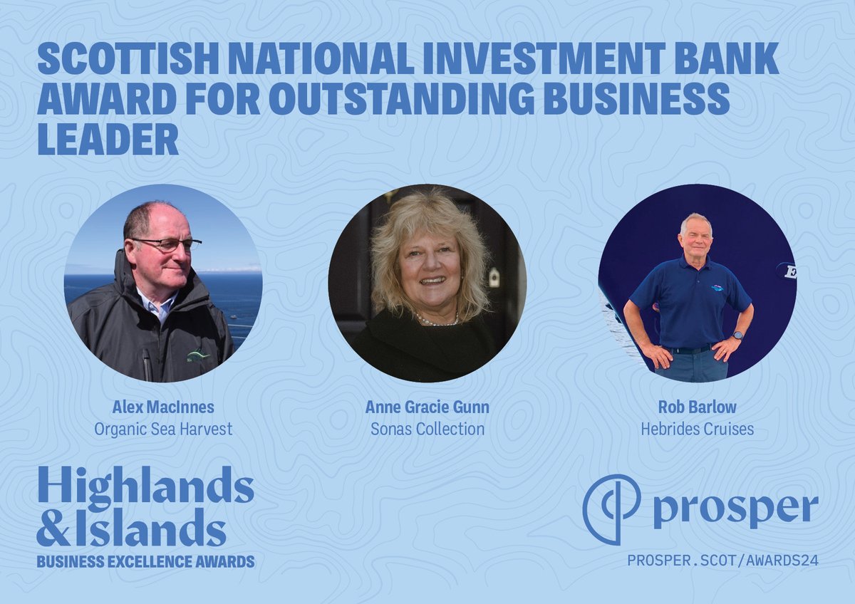 Prosper (@prosperscot) on Twitter photo This <a href="/thebankscot/">The Scottish National Investment Bank</a> award celebrates outstanding business leaders making a positive impact on the local & wider economy.
The finalists for this #ProsperAwards category are:
💫 Alex MacInnes, Organic Sea Harvest
💫 Anne Gracie Gunn, Sonas Collection
💫 Rob Barlow, <a href="/Hebridescruises/">Hebrides Cruises</a> This <a href="/thebankscot/">The Scottish National Investment Bank</a> award celebrates outstanding business leaders making a positive impact on the local & wider economy.
The finalists for this #ProsperAwards category are:
💫 Alex MacInnes, Organic Sea Harvest
💫 Anne Gracie Gunn, Sonas Collection
💫 Rob Barlow, <a href="/Hebridescruises/">Hebrides Cruises</a>